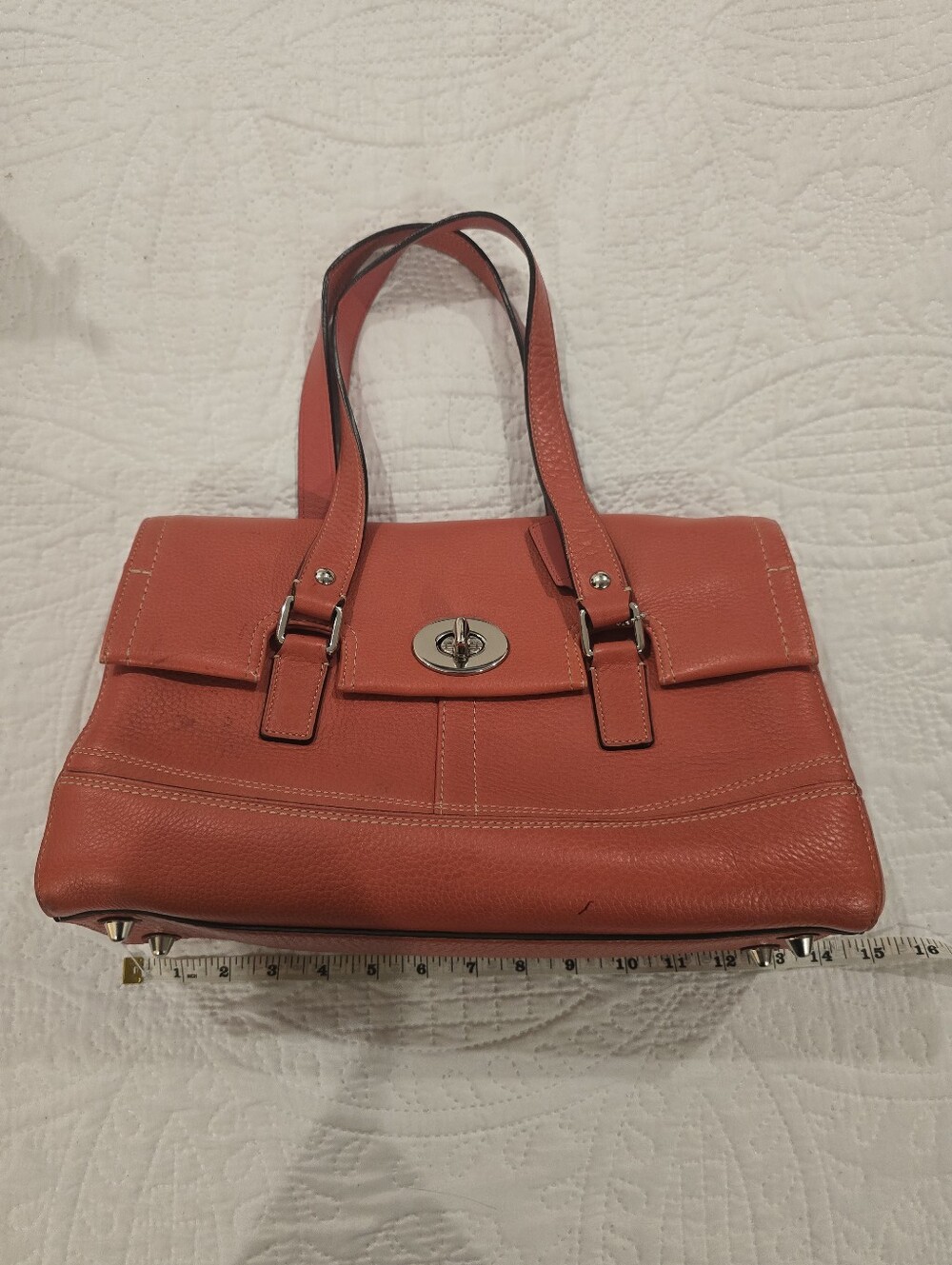 Coach Hampton F13091 Coral Orange Pebbled Leather Flap Satchel